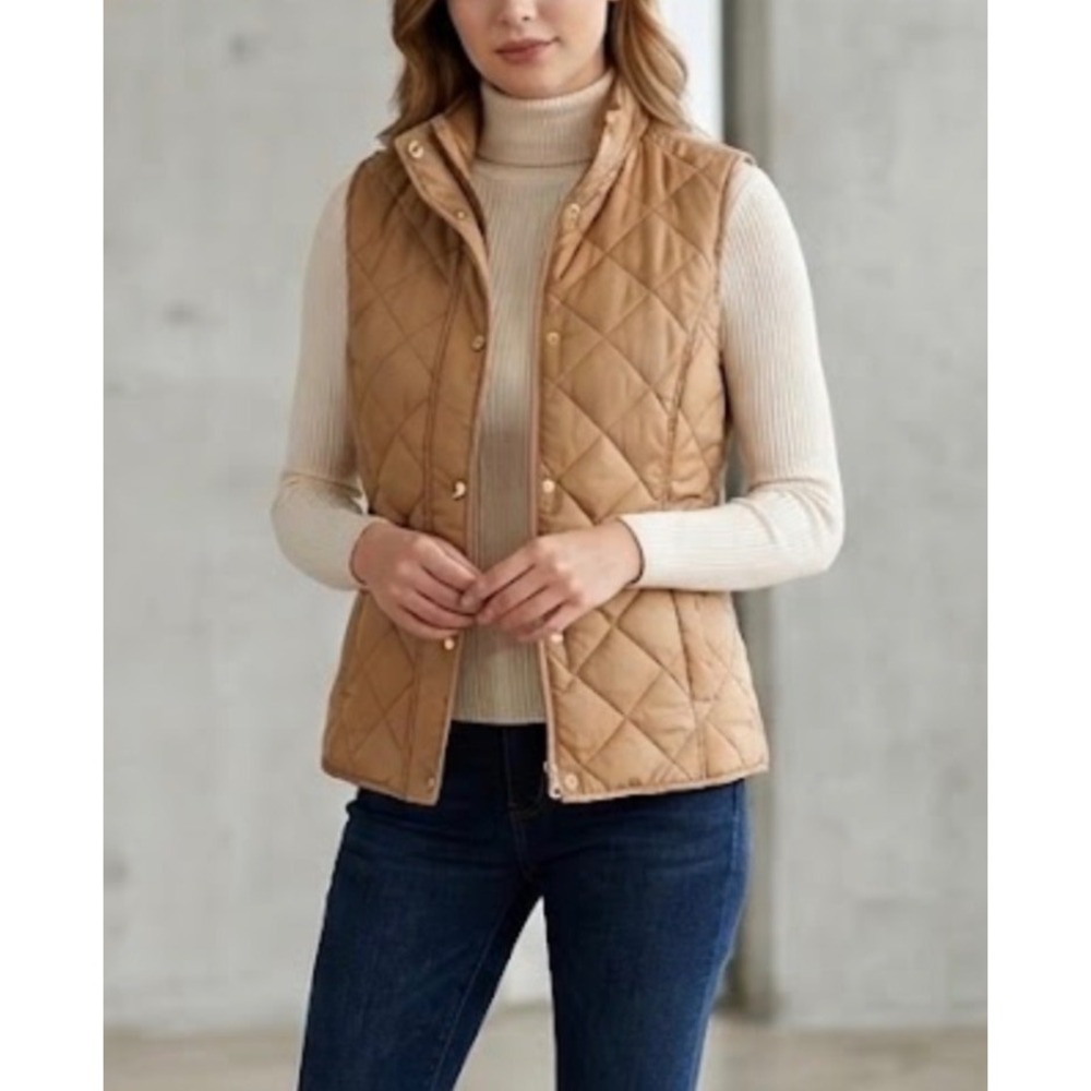 Kim Rogers Womens Tan Khaki Quilted Vest Snap Zip Mock Neck Small NWT